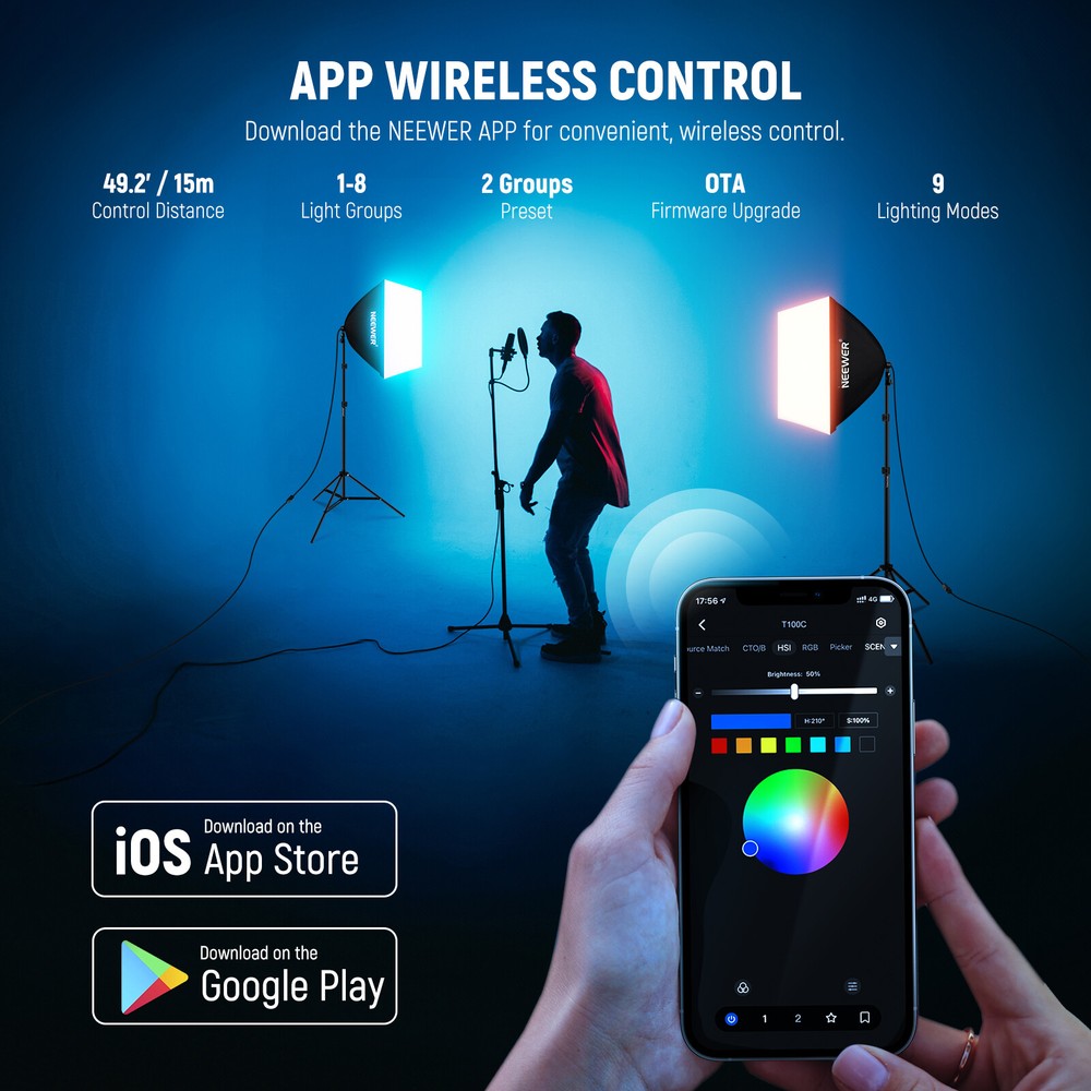NEEWER 2 Pack 24''RGB Softbox Lighting Kit with App Control & 9 Effect Modes