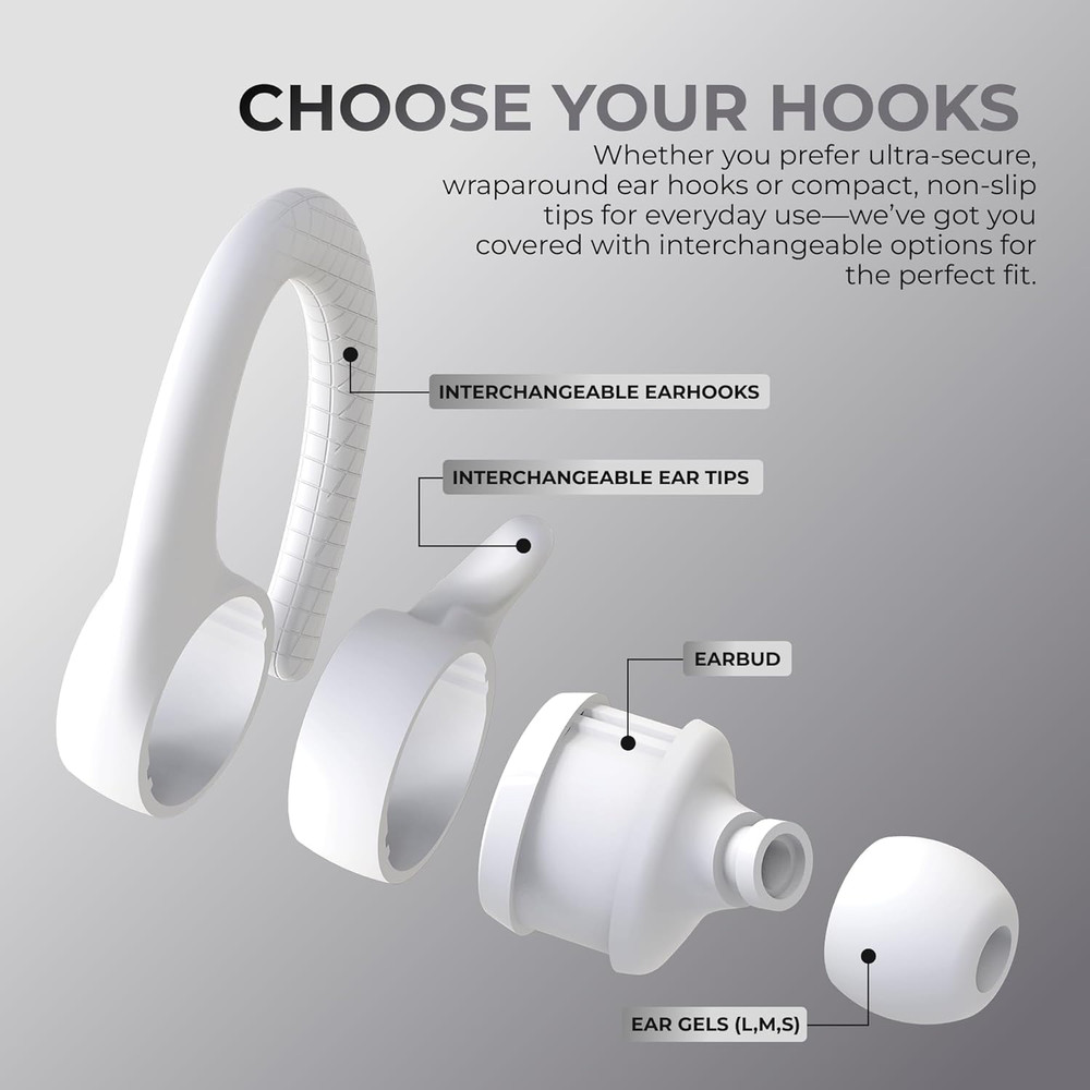 True Wireless Bluetooth Earbuds, Interchangeable Ear Hooks and Tips, Multi-Sized