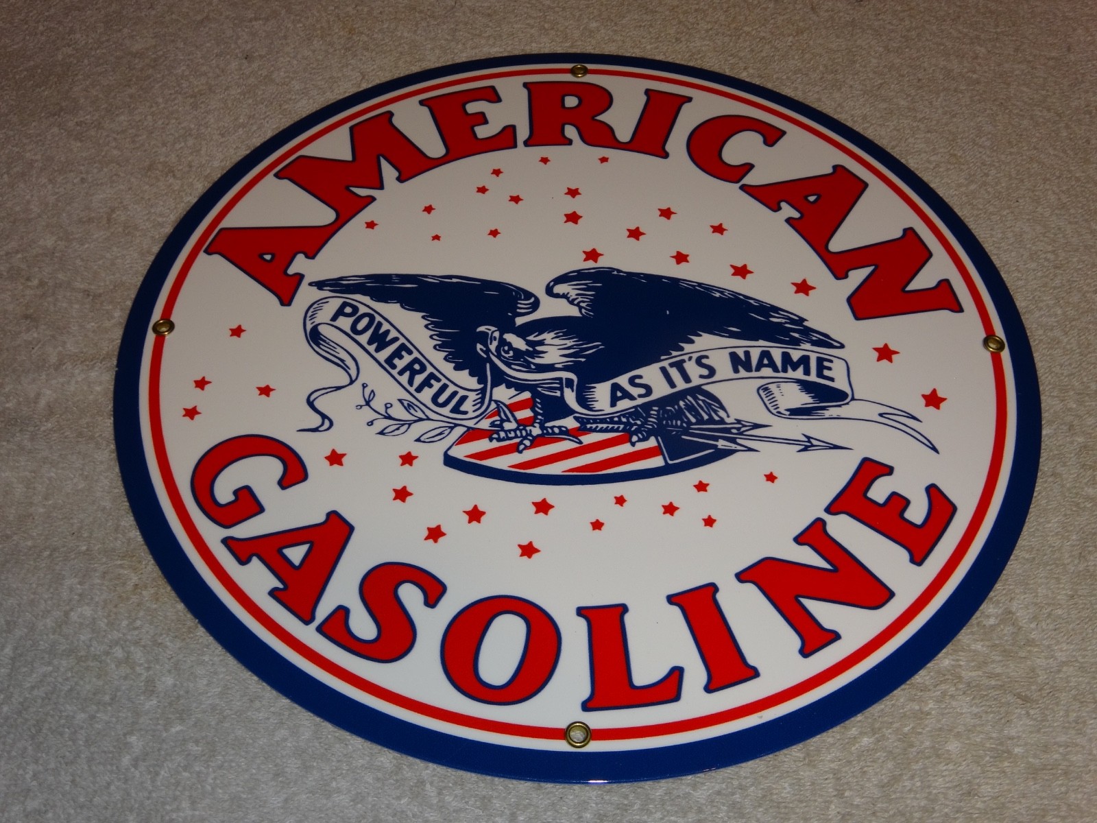 VINTAGE AMERICAN GASOLINE POWERFUL EAGLE 11 3/4" PORCELAIN METAL GAS & OIL SIGN