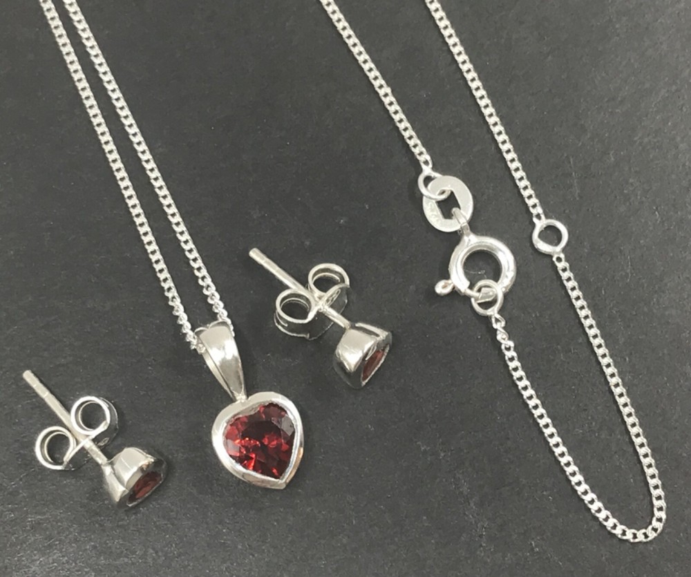 Garnet pendant stud earrings set, solid Sterling Silver. Heart, new. Gift box.