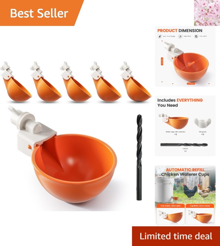 Effortless Chicken Hydration - 6 Leak-Proof Waterer Cups with Drill Bit, Orange