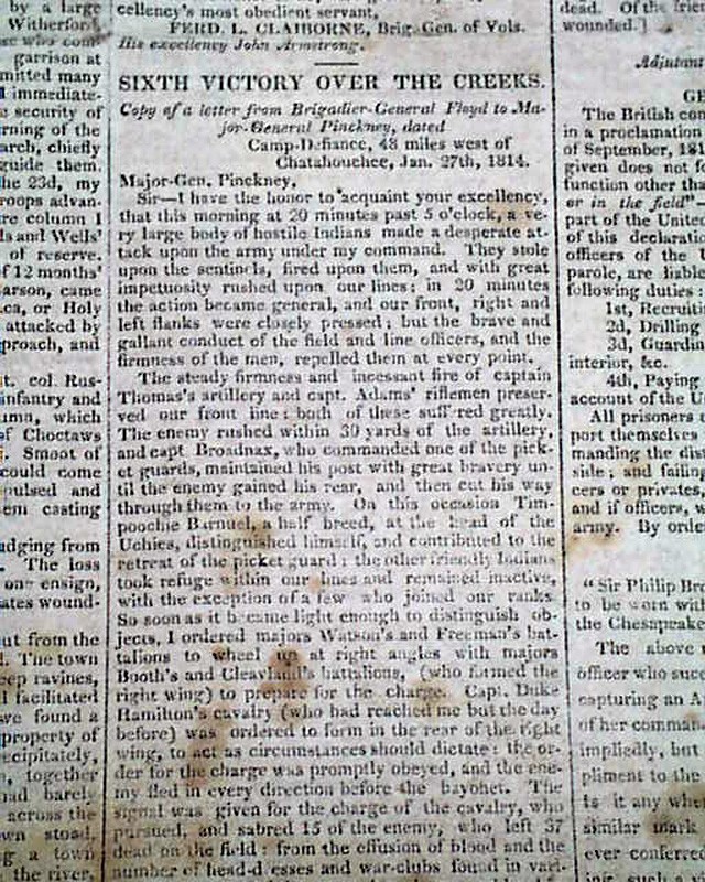 WAR OF 1812 Wins Battles of Emuckfaw & Enotachopo Creeks Indians 1814 Newspaper