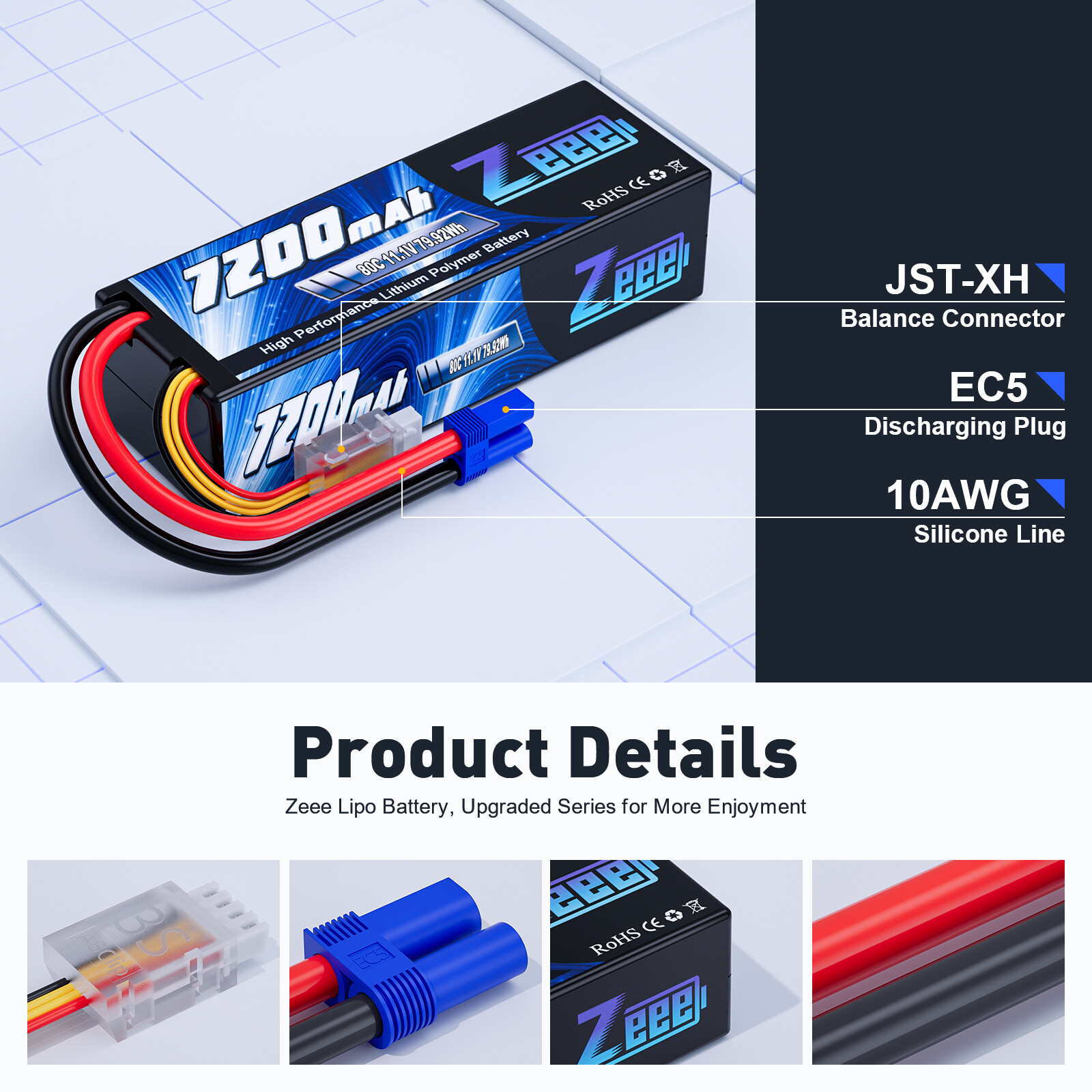2x Zeee 3S LiPo Battery 7200mAh 11.1V 80C EC5 for LOSI RC Car Truck Boat Buggy