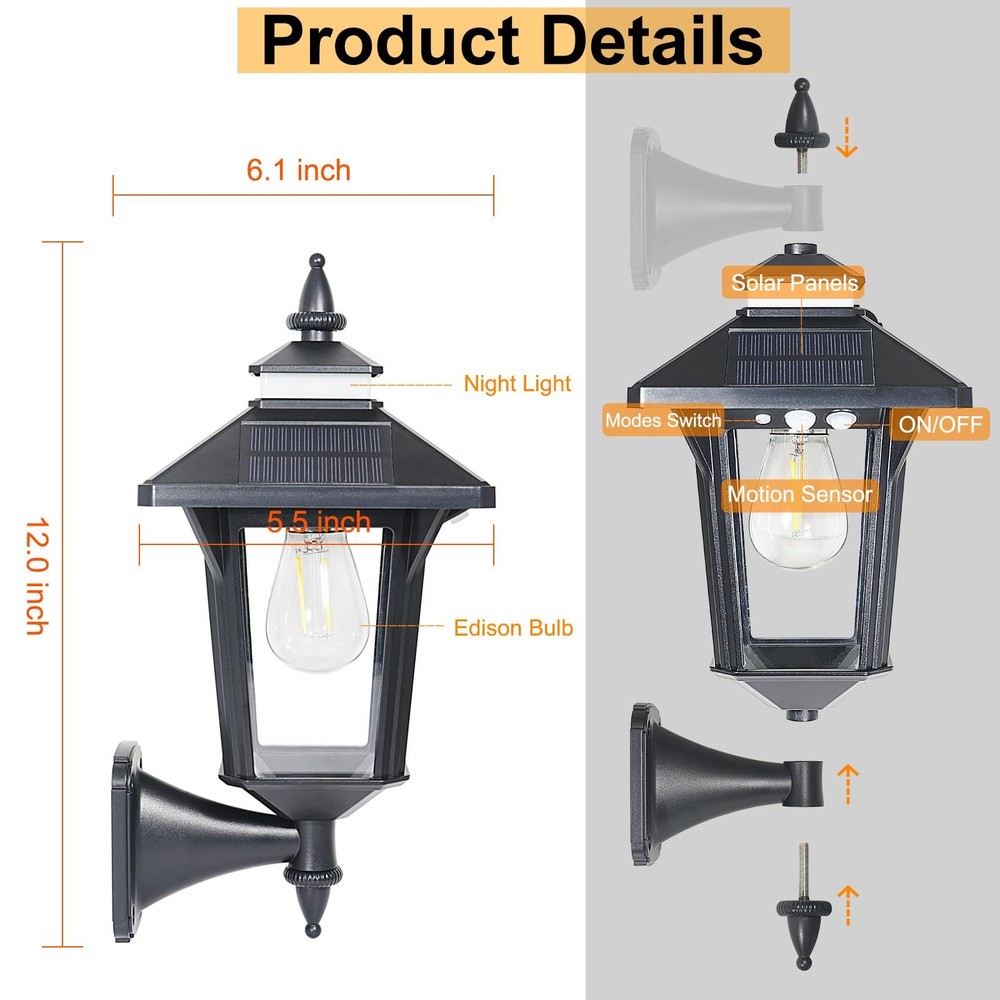 2 Pack Solar Wall Lantern Lights Outdoor with 3 (2 Pack)