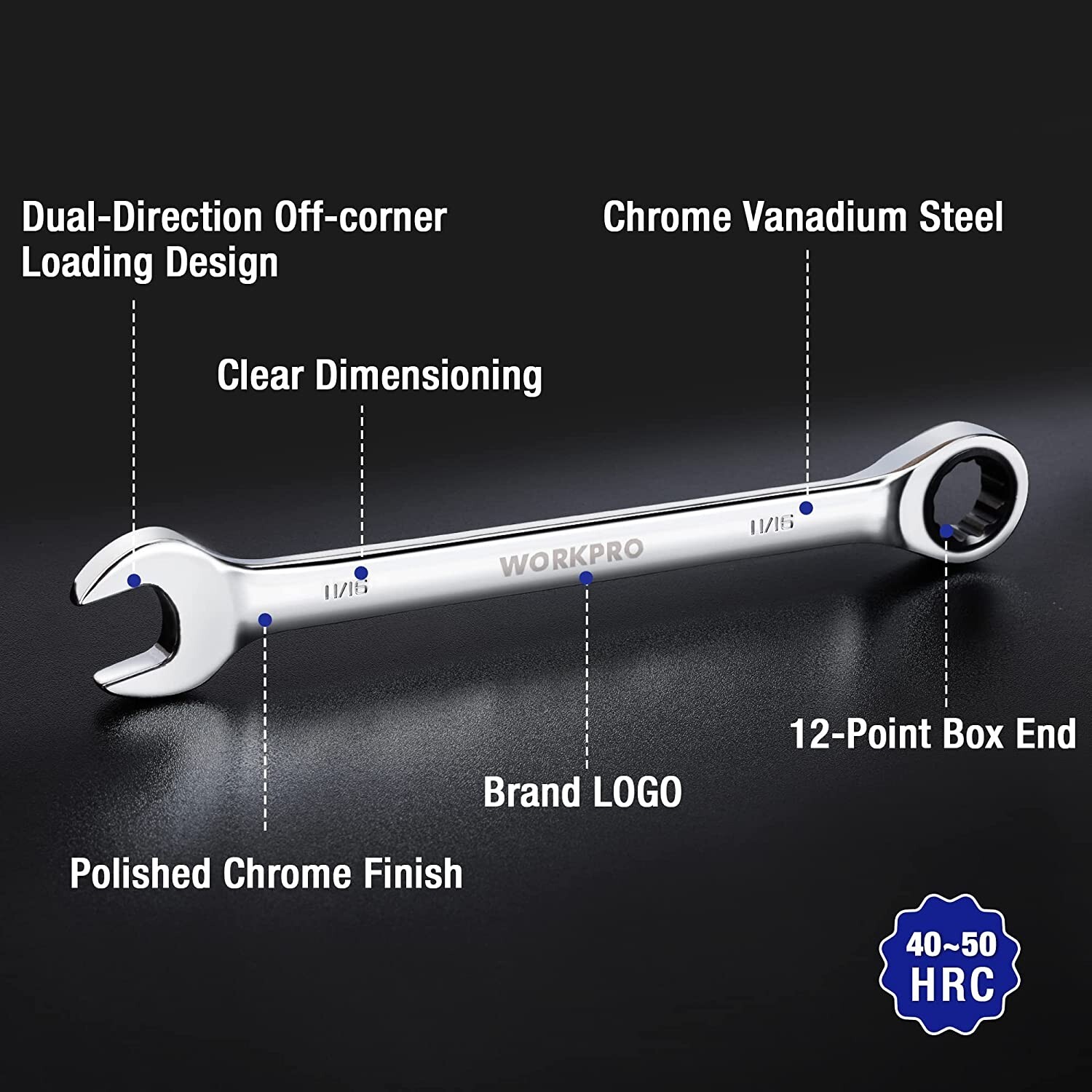 WORKPRO 22-Piece Ratcheting Combination Wrench Set 72 Teeth CR-V Metric & SAE