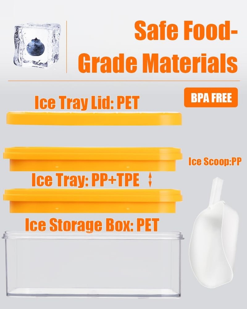 2PC Ice Cube Tray with Lid and Bin Stackable Freezer Ice Molds Easy Release