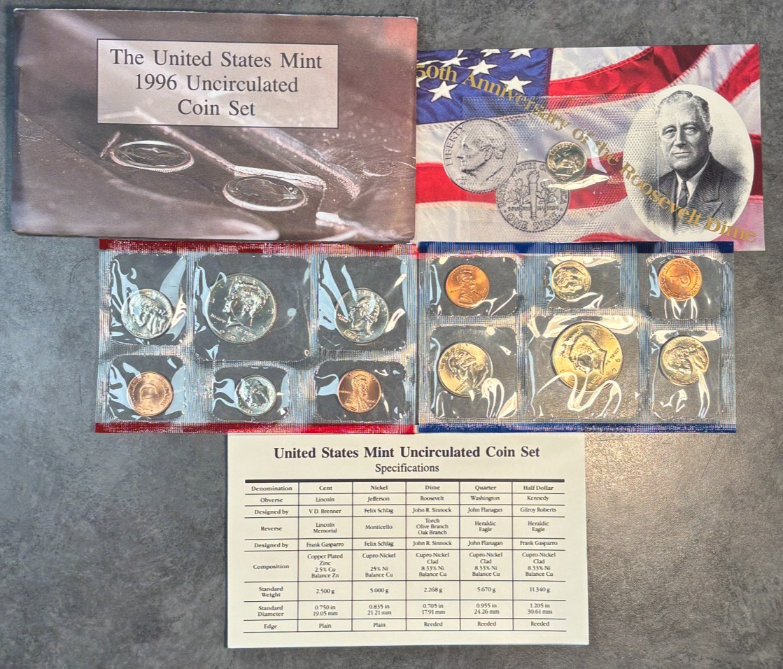 1996 P, D, & W US Mint Complete Uncirculated 11 Coin Set With West Point Dime