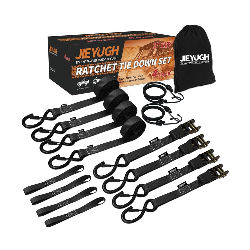 Retractable Ratchet Tie Down Straps 4 Pack -15 FT - 2,200lb Max Bre... Fast Ship