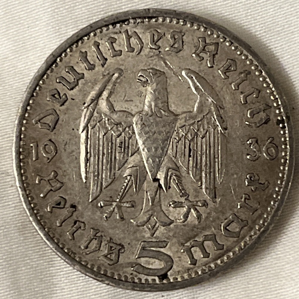 1936-A German 5 Mark Hindenburg Silver B12