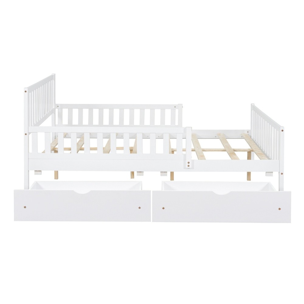 Full Size Bed Frame Wood Platform Bed Frame w/ 2 Drawer & Guardrails White