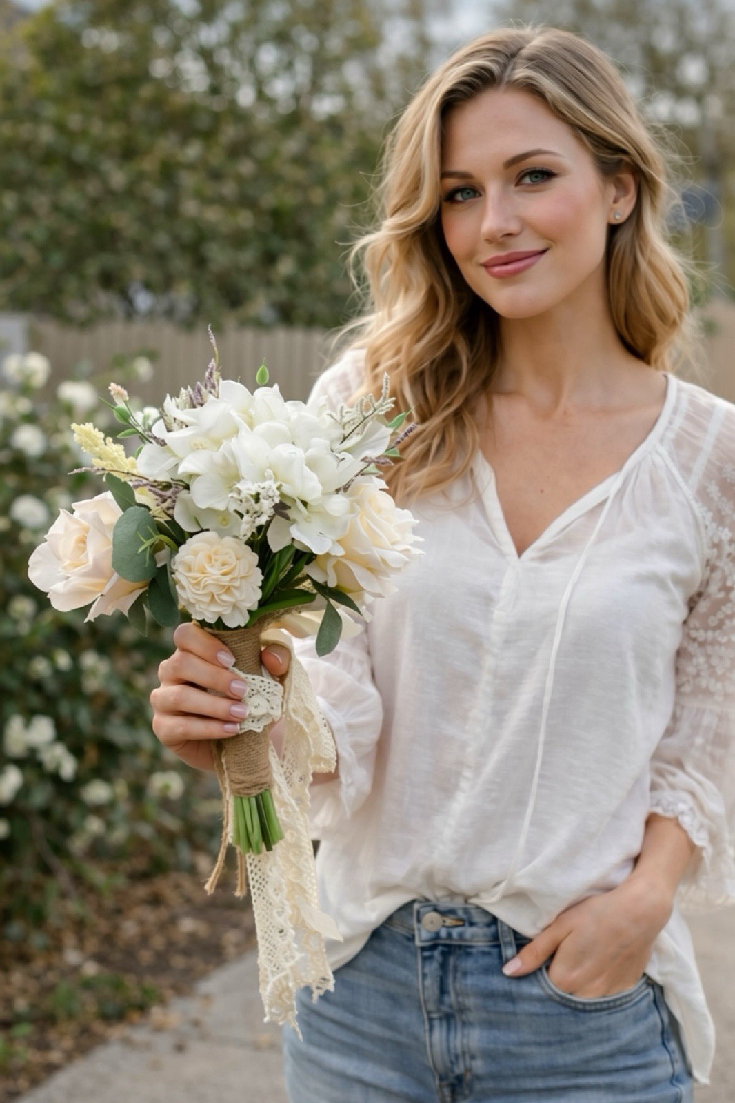 Wedding Bouquets for Bride Bridesmaid, White Champagne Artificial Roses Flowers