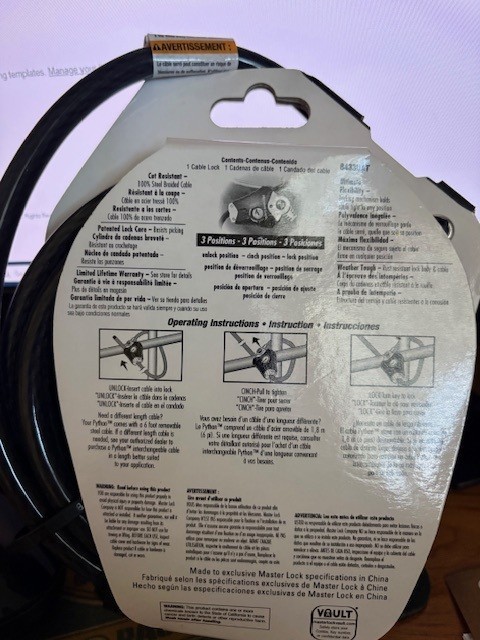 MASTERLOCK 6FT. MASTER LOCK CABLE KEYED LOCK 3/8IN DIA COATED CABLE HEAVY DUTY