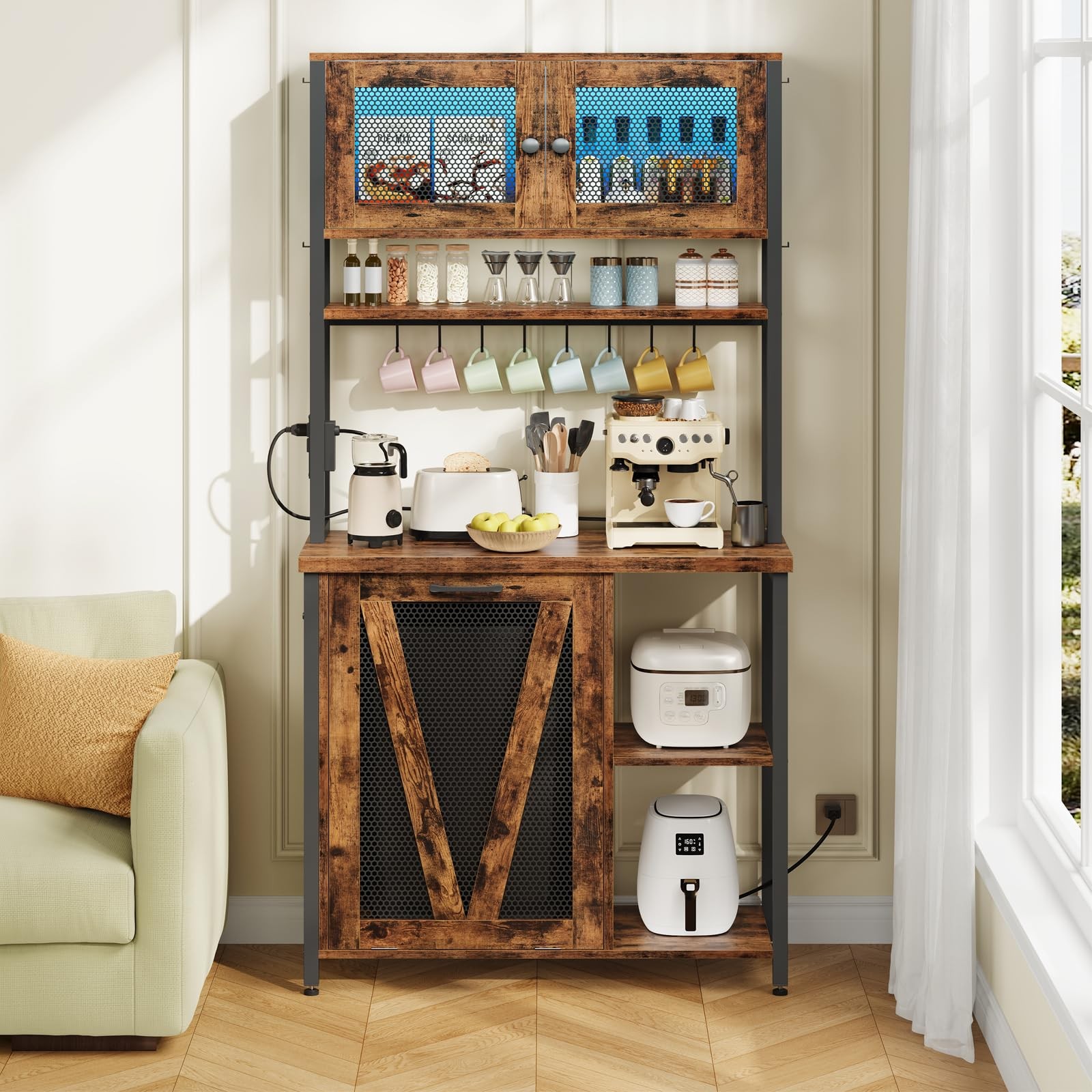 Bakers Rack with Trash Can Bin Cabinet, 6-Tier Microwave Stand with LED Stripe