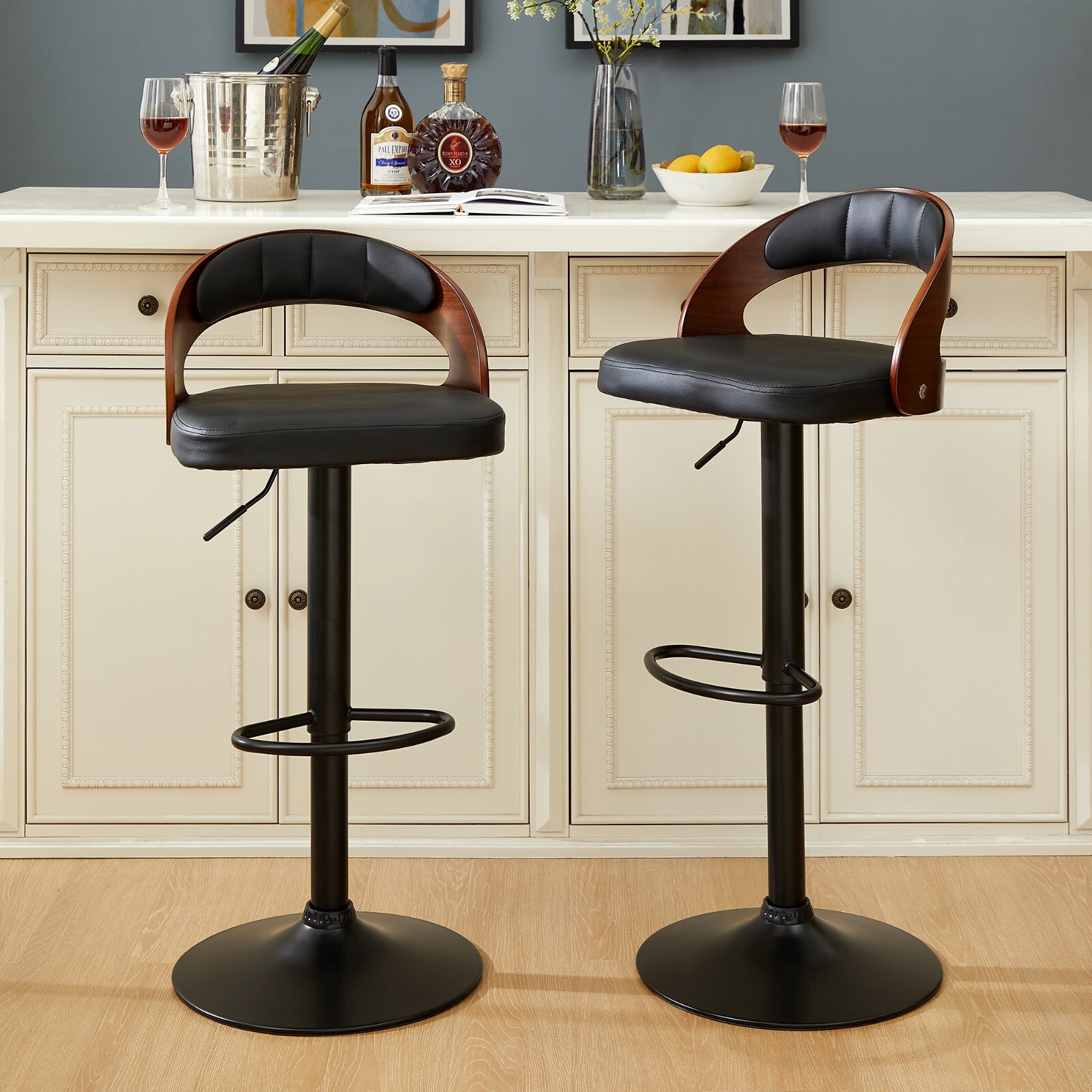 Bar Stools Set of 2 PU Leather Cushion Seat Adjustable Height Swivel Bar Chairs