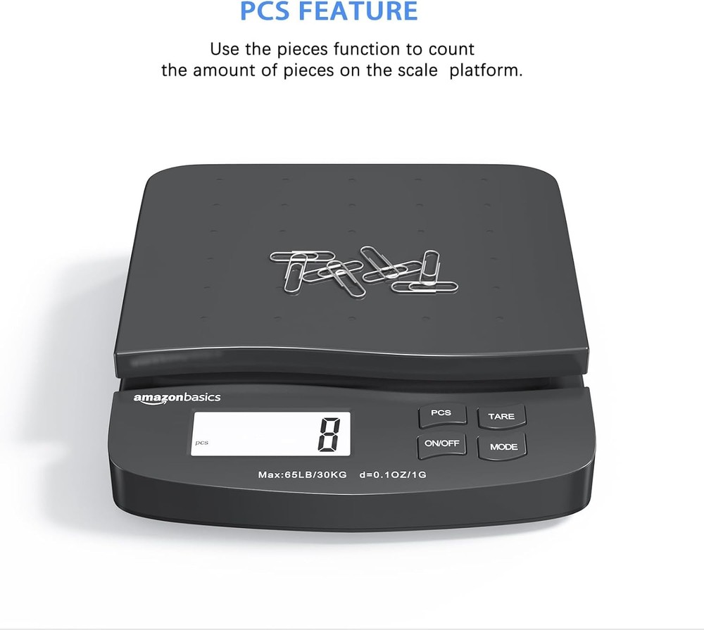 Amazon Basics Digital Postal Scale, AC Adapter, 65 lb 65 pound, Black