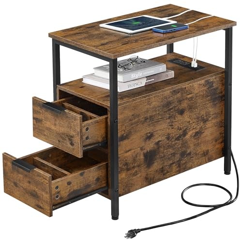 Side End Table with Charging Station, Slim Nightstand Rustic Brown + Ink Black