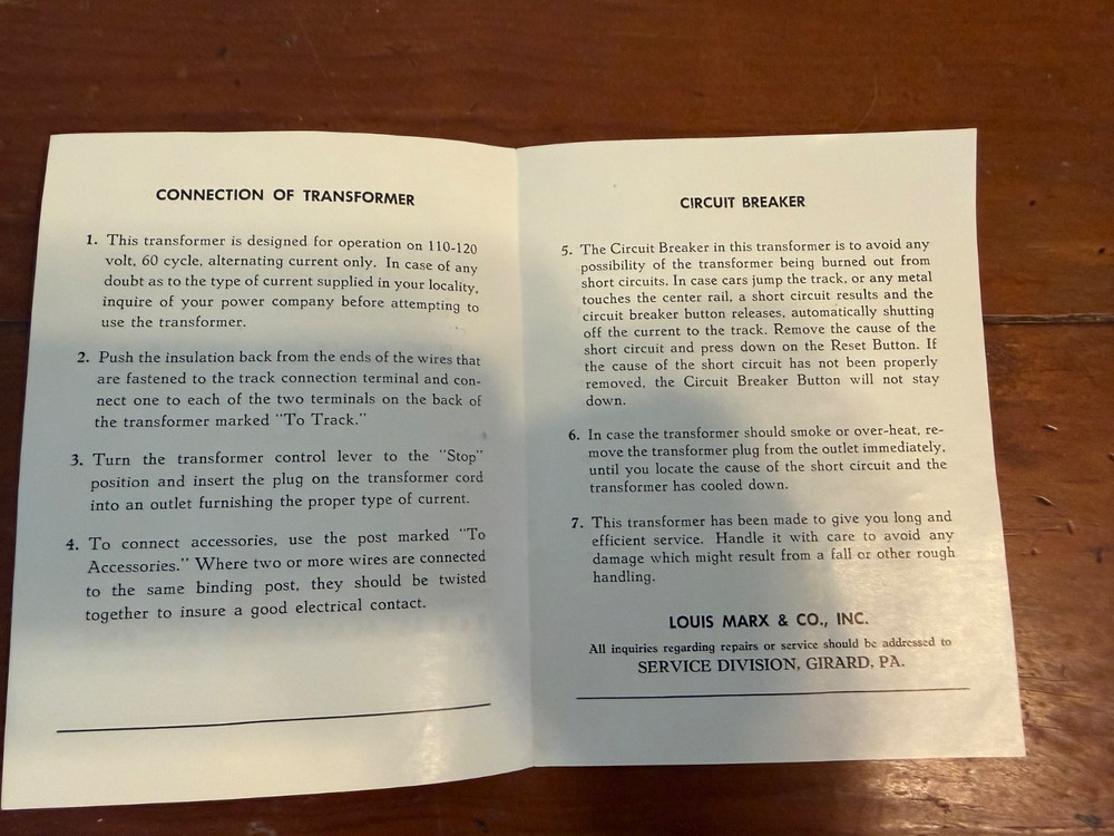 Marx Trains Transformer Instructions Manual Post War