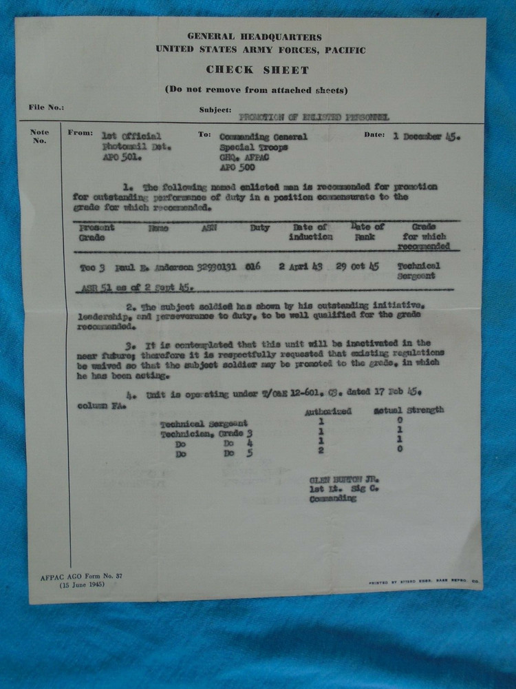General Headquarters, US Army Forces Pacific, Check Sheet