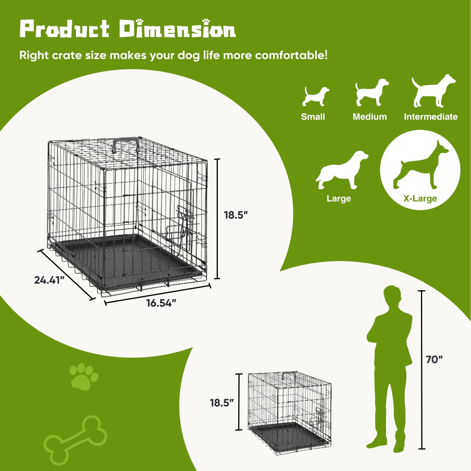 Foldable Metal Wire Dog Crate, Double Door,with Divider Panel & Plastic Pan Tray