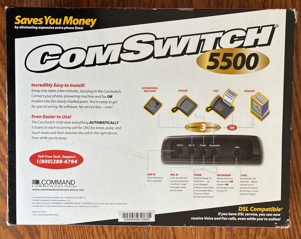 Command Communications ComSwitch 5500 Phone Fax Modem 3-Port Call Switch Sealed