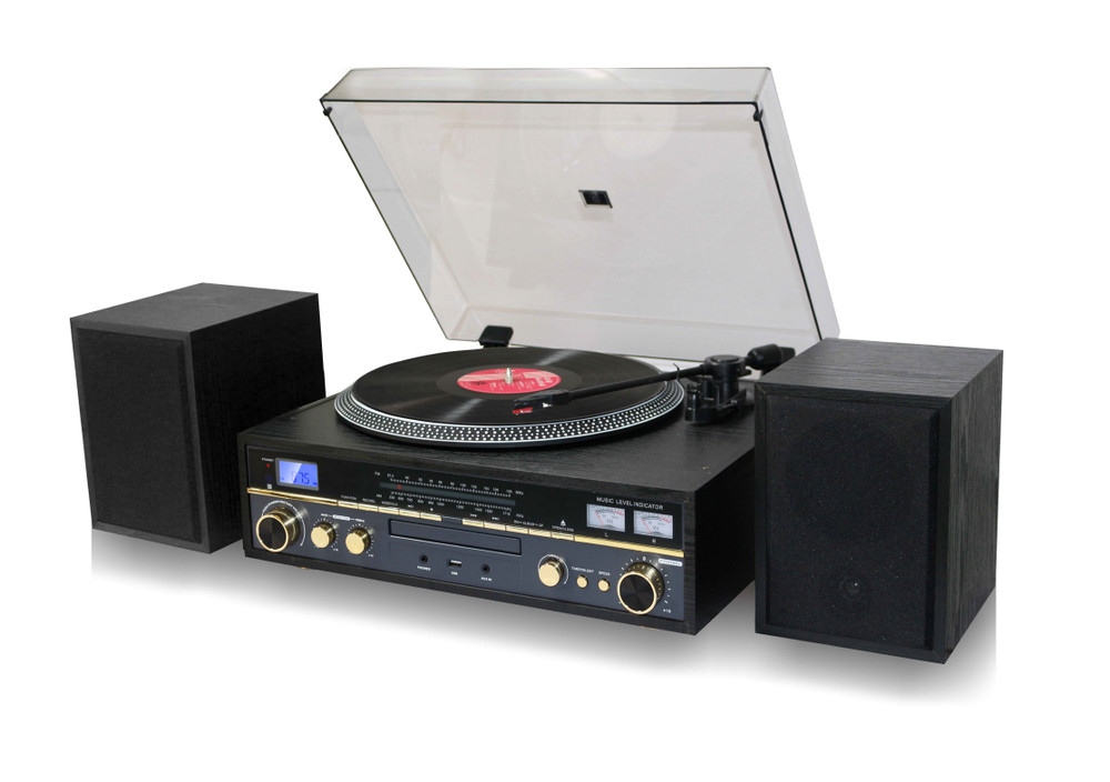TECHPLAY COMMANDER BLACK SHELF STEREO SYSTEM & RECORD PLAYER BLUETOOTH CD 40W