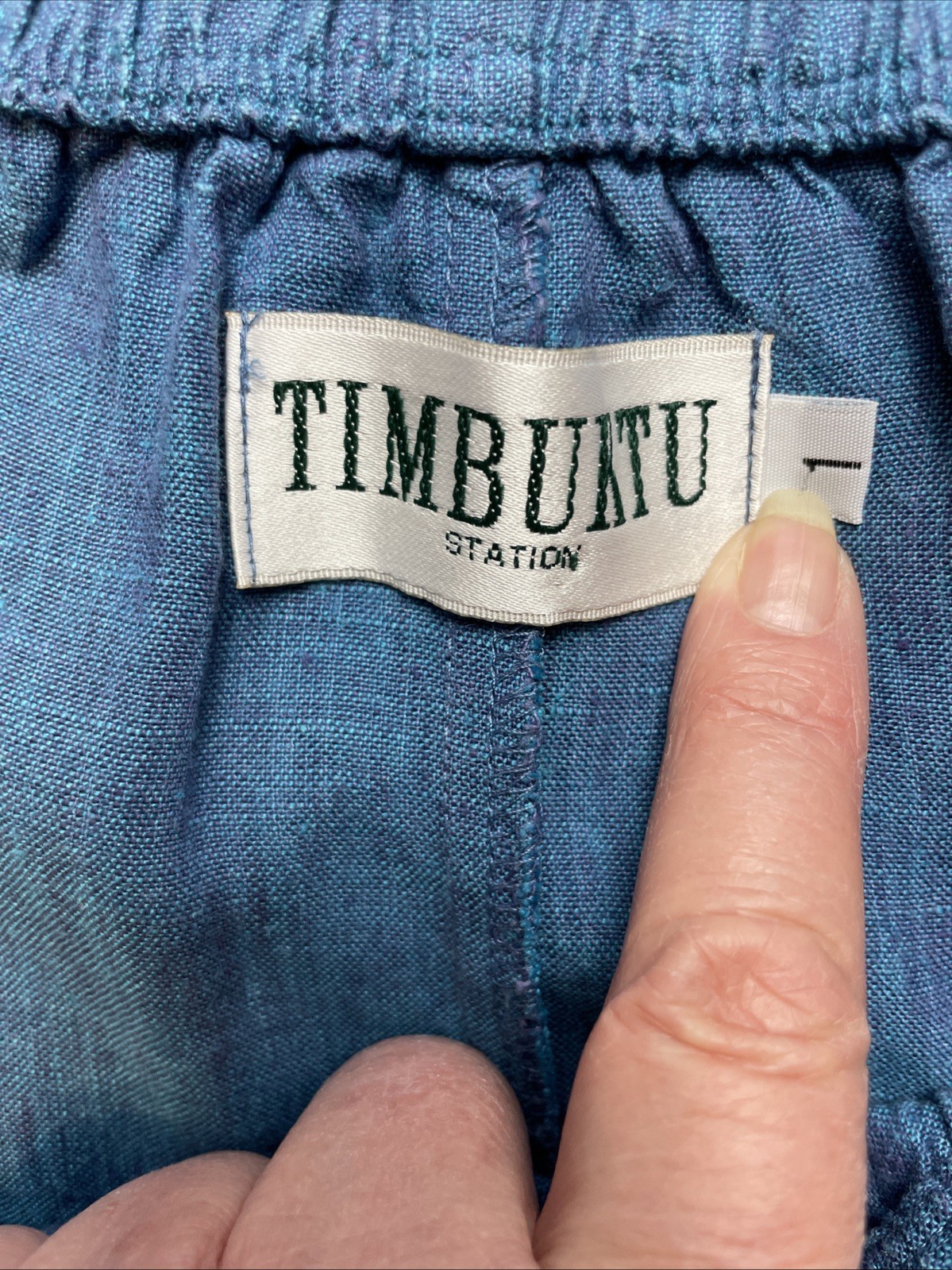 Vintage Timbuktu Station Womens 100% Linen Skirt 1/M Blue Pockets Pull On Maxi