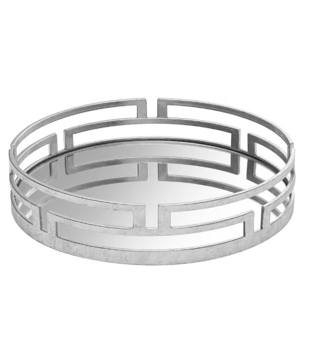 Modern Round Silver Geometric Mirrored Tray (15" Diameter)