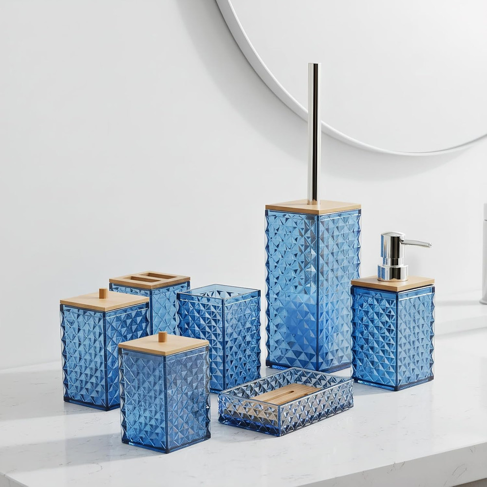 Bathroom Accessory Set,7 Pcs Blue Bathroom Set Include Soap Dispenser, Qtip Hold