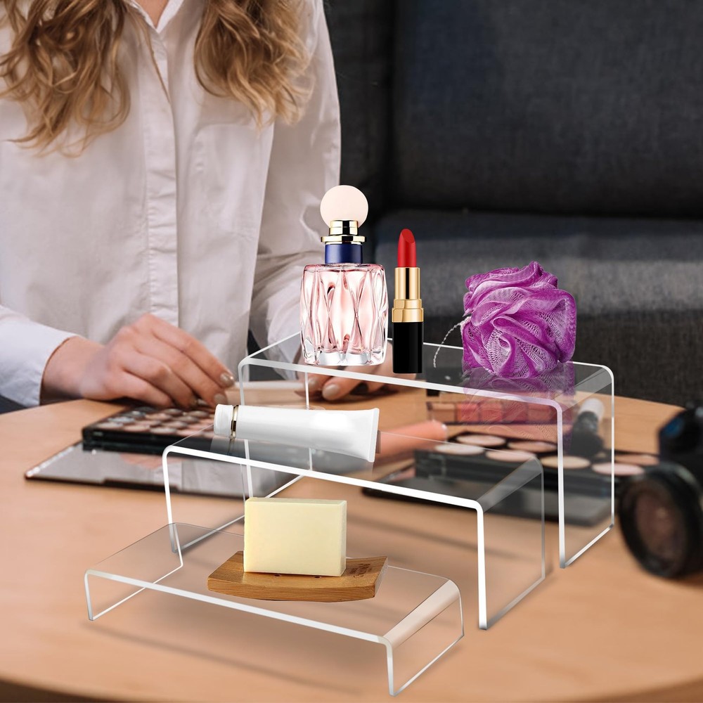 3 PC Large Clear Acrylic Riser Set, Acrylic Display Risers Shelf Showcase Fix...