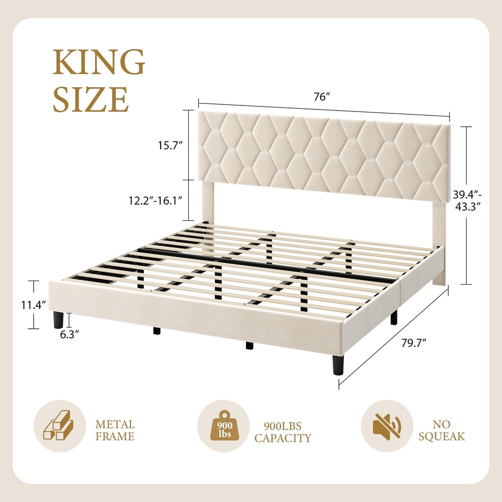 King Size Modern Platform Bed Frame with Upholstered Headboard, Easy Assembly