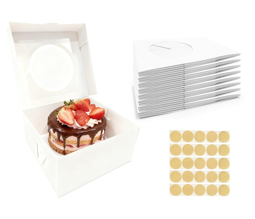 25 Pack Cake Boxes 10x10x5 Inches Cake with Windows, White Square Bakery Boxe...