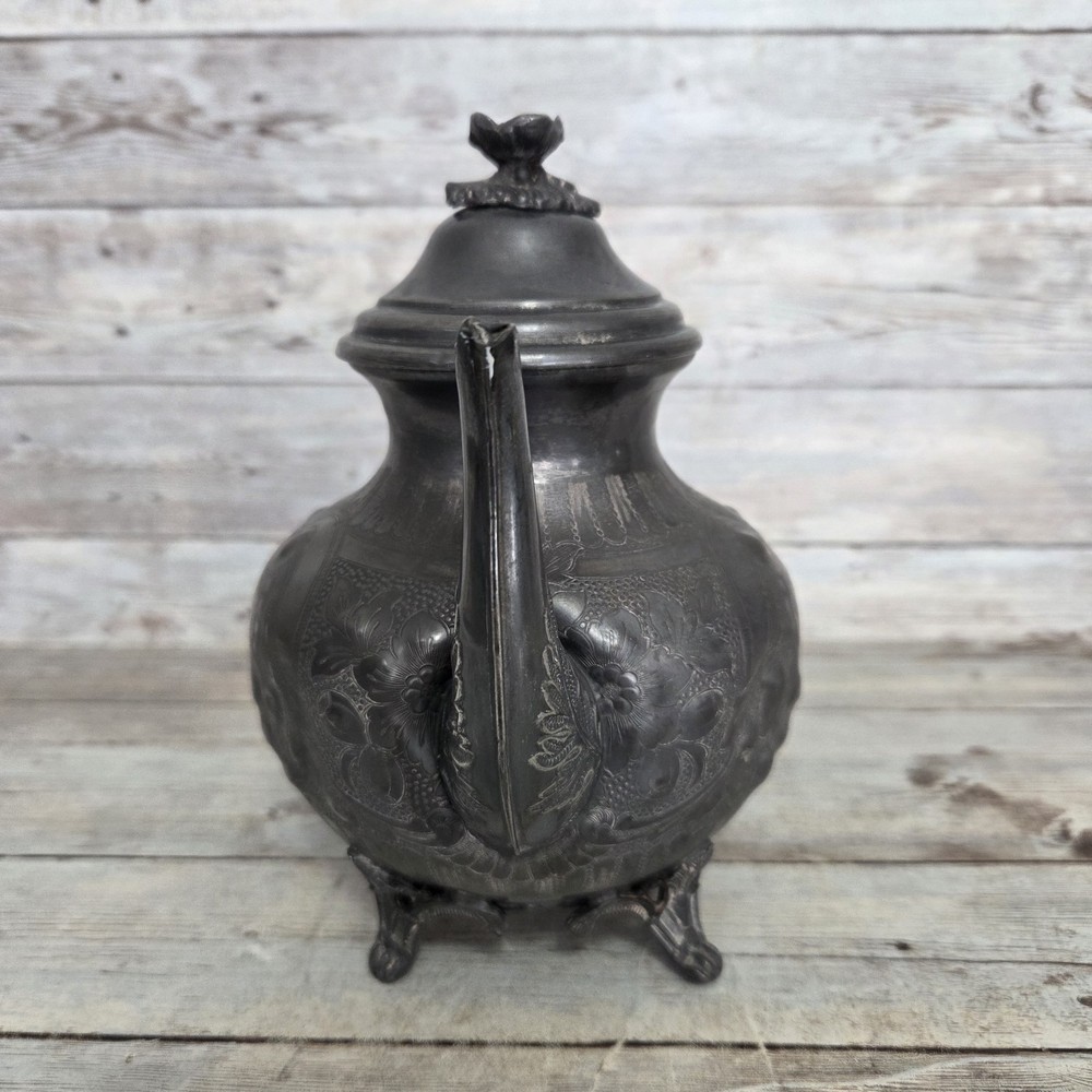 Antique SilverPlate Ornate Footed Teapot Shabby Worn Dinged