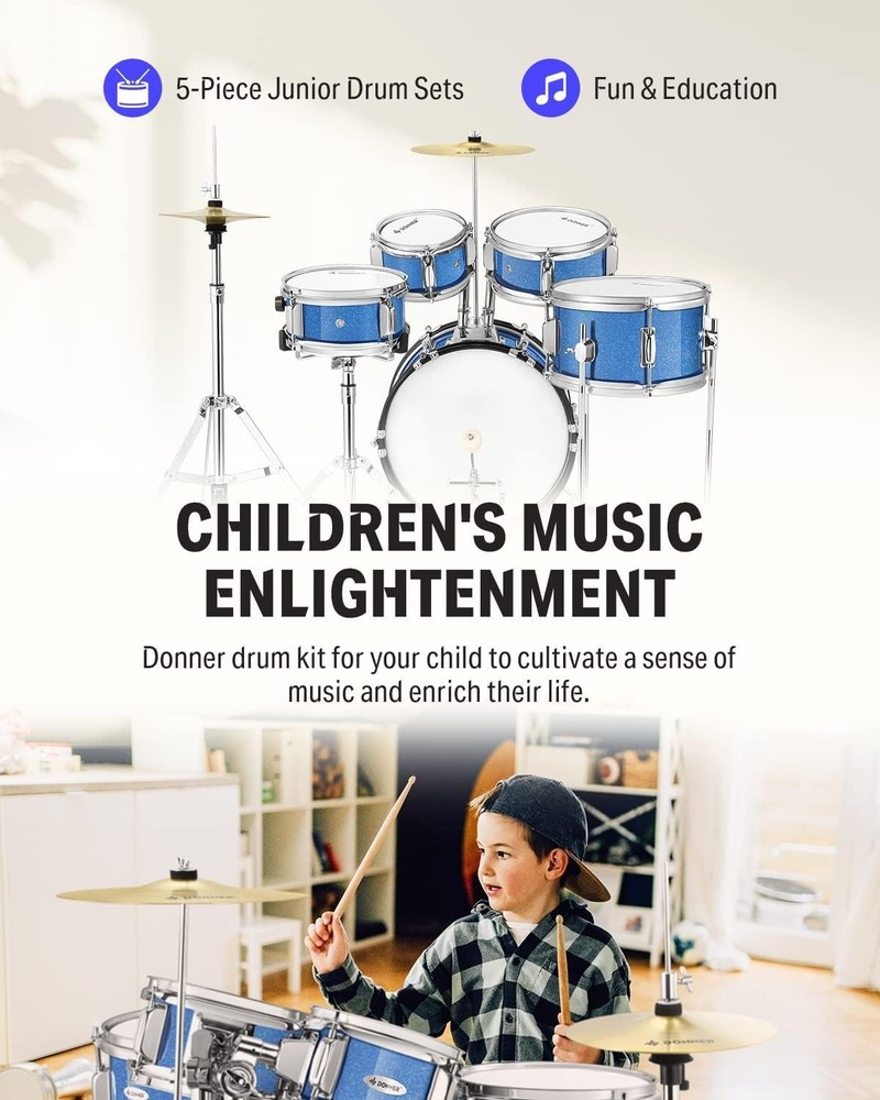 Donner 5-Piece Kids Drum Set for Beginners 14" Junior Drum Kit Adjustable Thrown