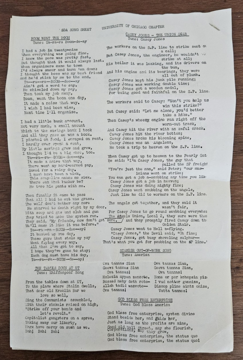 1950 SDA Students for Democratic Action Univ. of Chicago song sheet ADA student