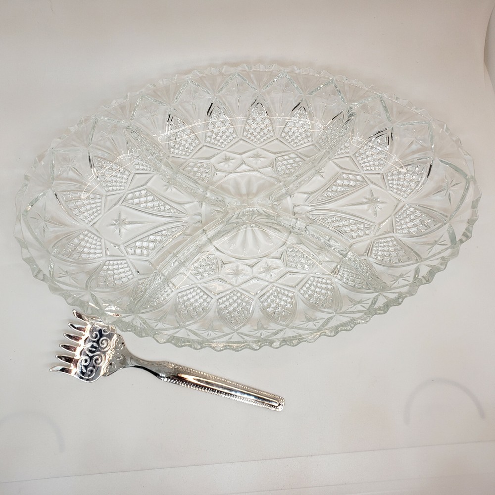 Queen Anne Silverplate Tableware Cut Glass Divided Oval Dish Caddy England