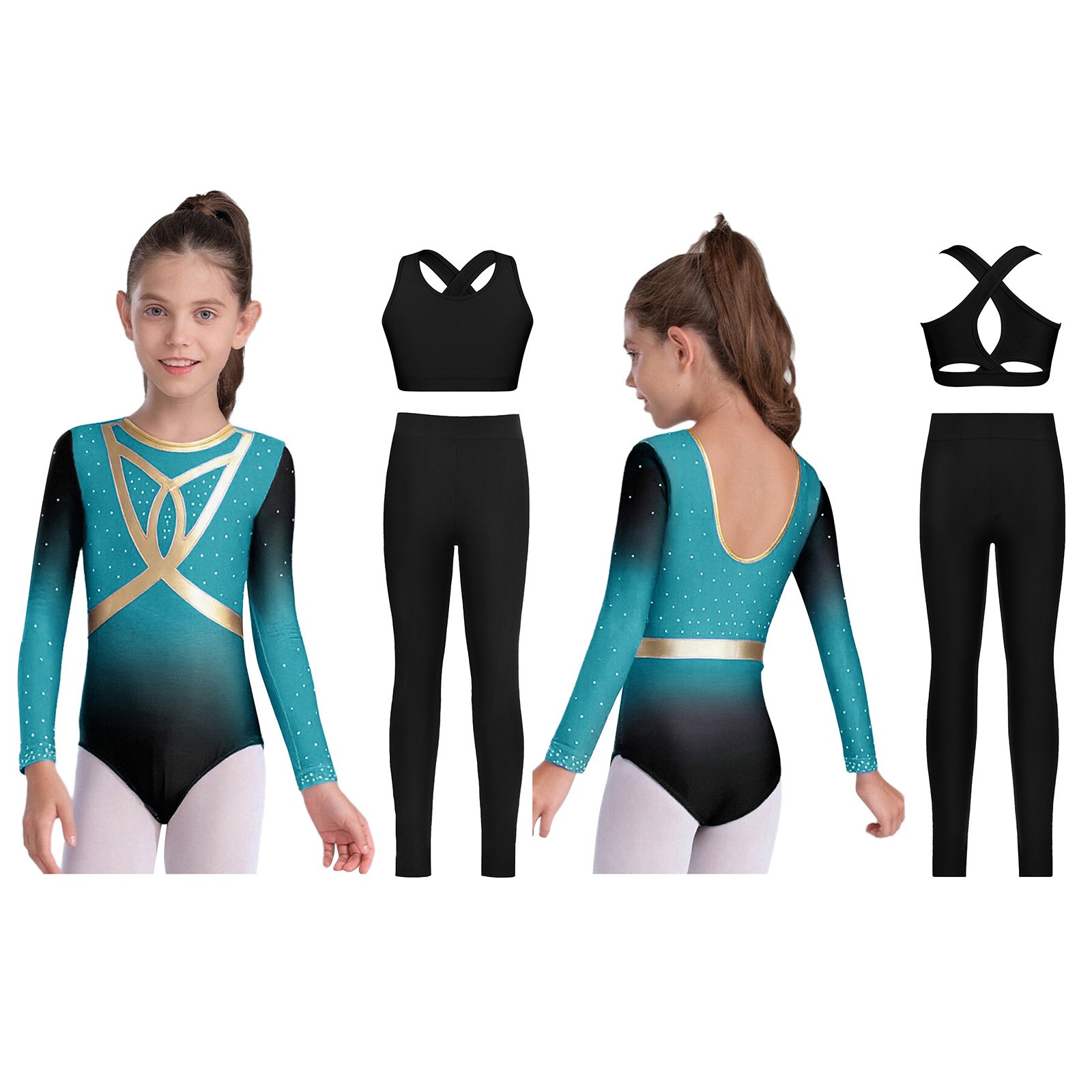 Kids Girls 3Pcs Set Team Dancewear Rhinestones Bodysuit Party Wear Shiny Pants