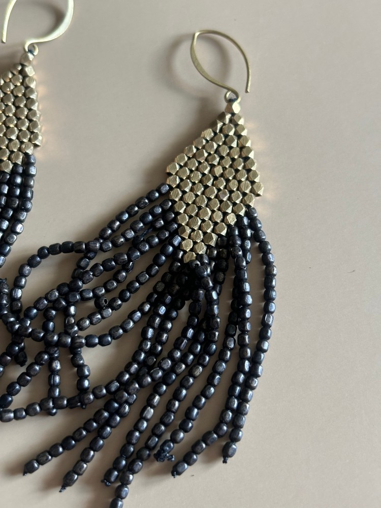 Brass Beaded Diamond Fringe Drop Earring