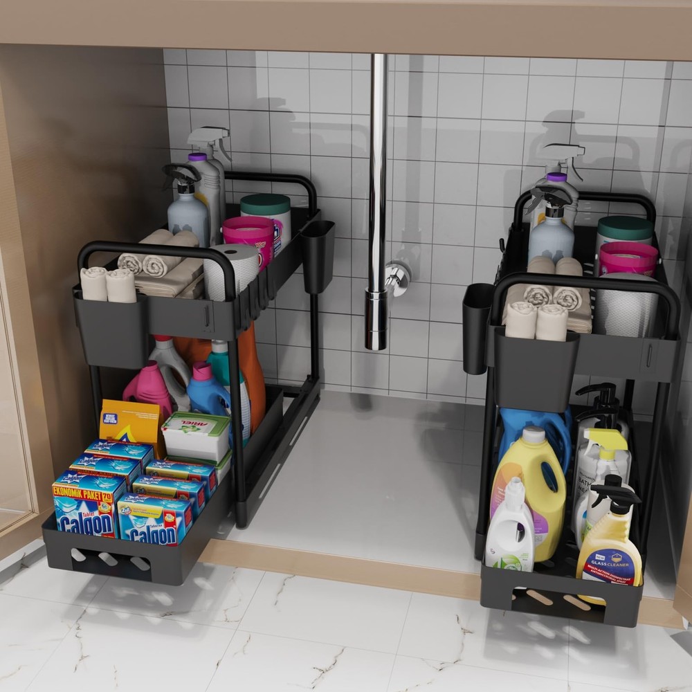 2 Pack Double-Layer Under Sink Organizer for Efficiently Utilizing Space, Hig...