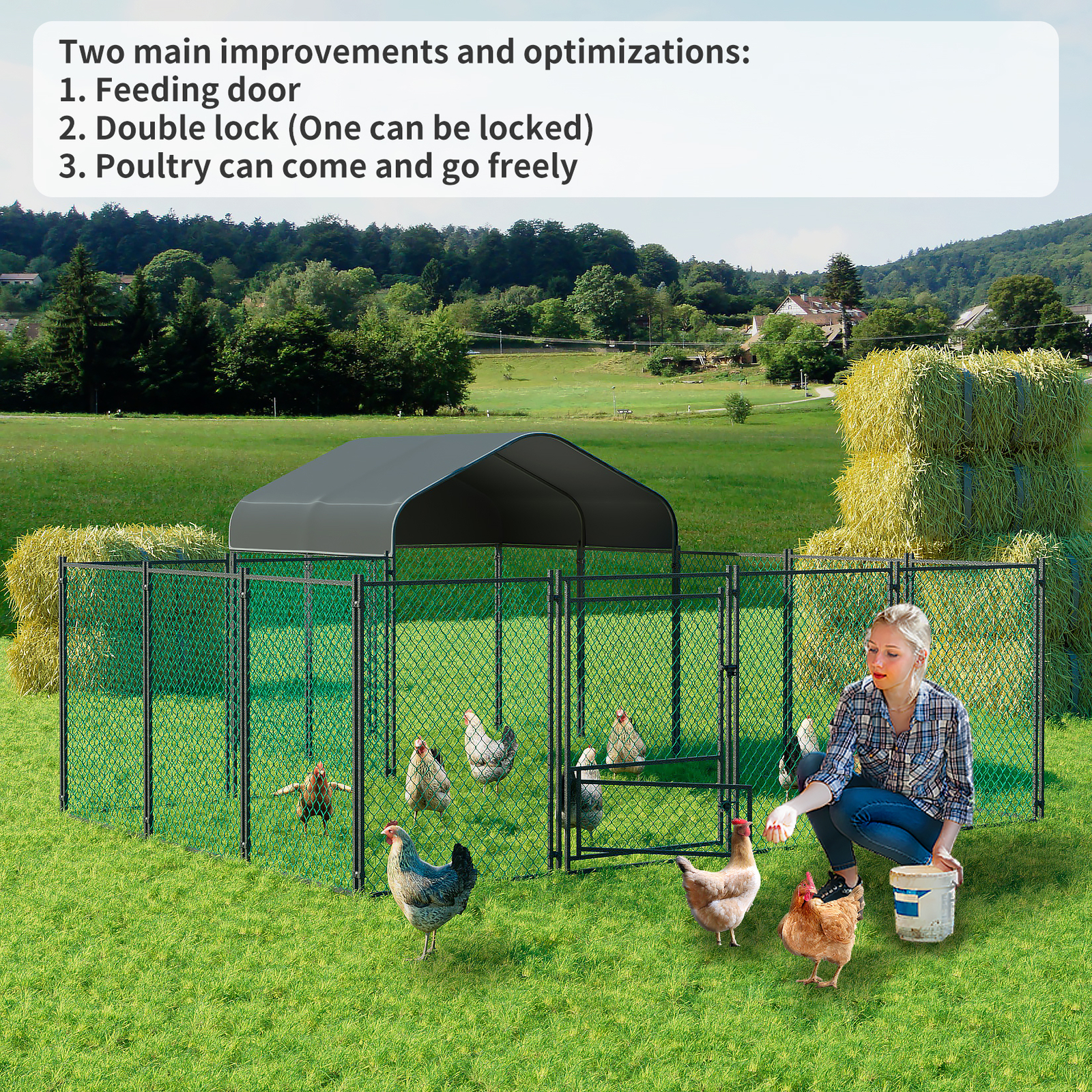 Walk-in Poultry Cage Galvanized Outdoor Metal Run Chicken Coop, Black, Large