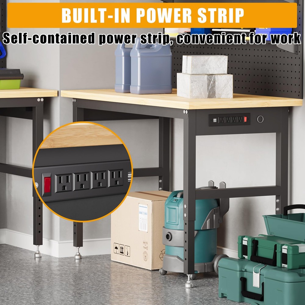48'' Adjustable Workbench with Pegboard & Power Outlets For Garage & Workshop