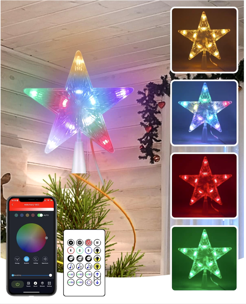 Christmas Tree Topper MultiColor Lighted Star Remote&APP DIY with USB wire plug