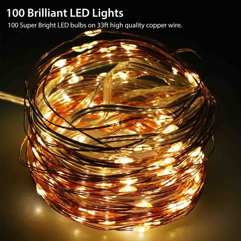 2-Pack 100LED Solar String Lights 8 Modes Copper Wire Waterproof Outdoor Lights