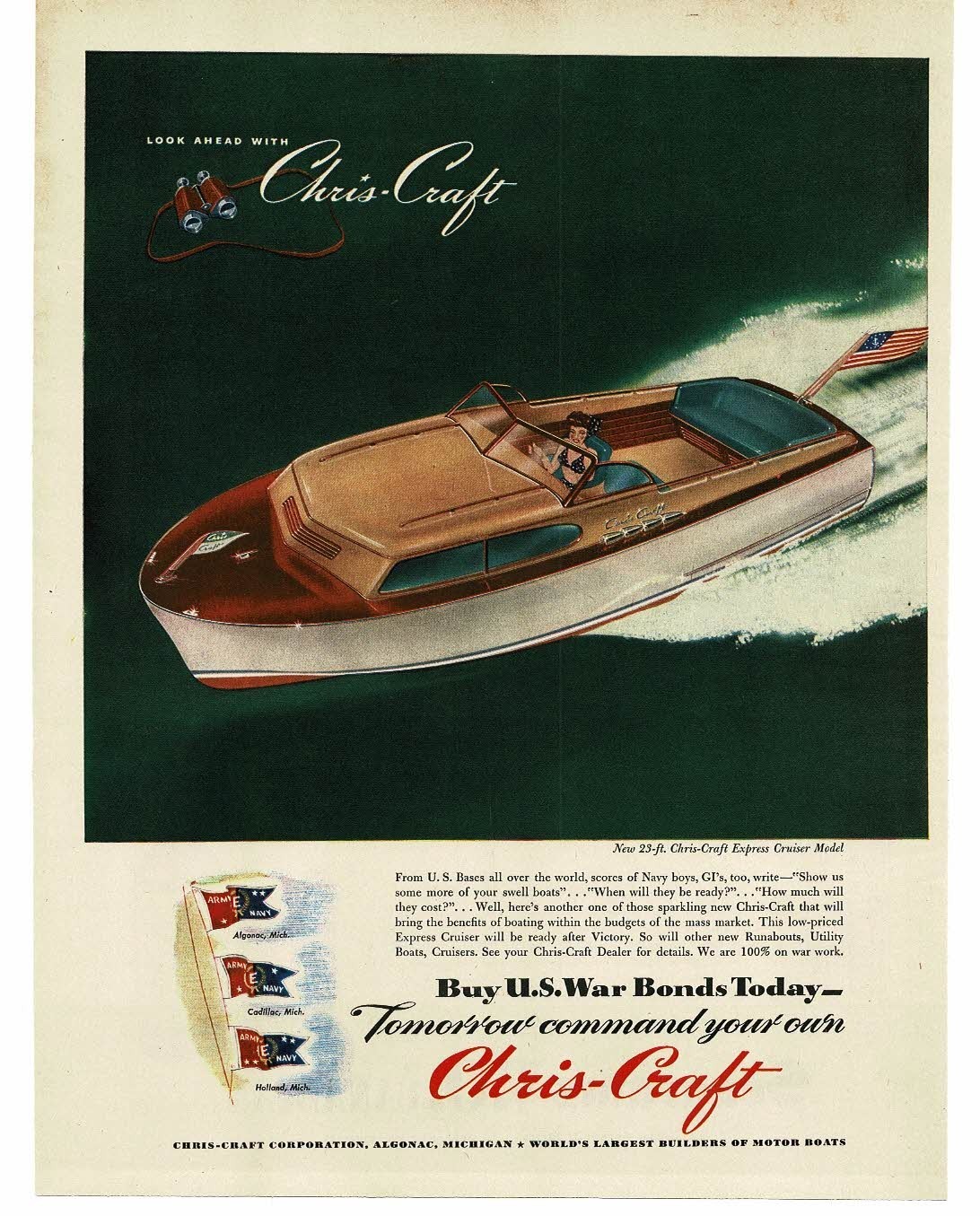 1945 Chris Craft 23 Foot Express Cruiser Cruiser boat WWII Buy War Bonds Ad