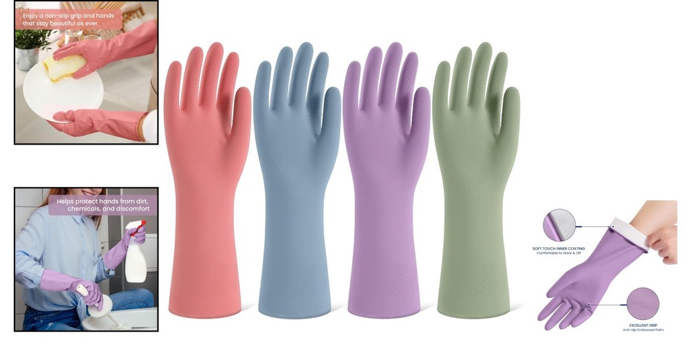 Comfortable Reusable Kitchen Gloves - 4 Pairs with Flocked Lining, Ambidextrous