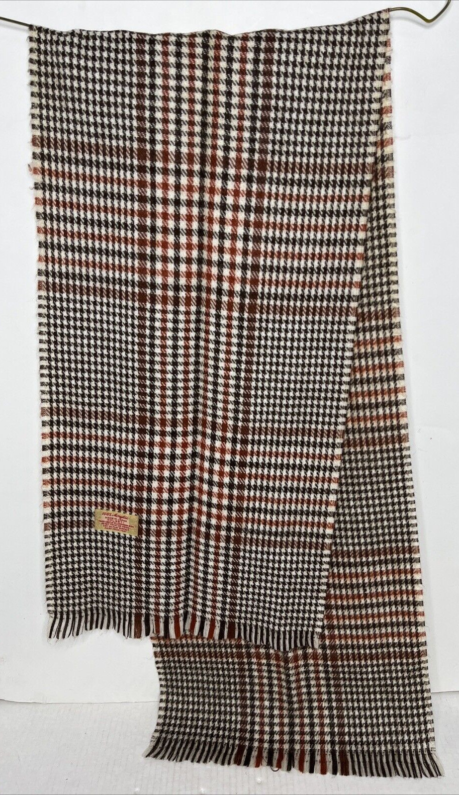 100% Acrylic Fringed Plaid 54" Scarf Tan Brown WPL5271 Vintage Made in Japan