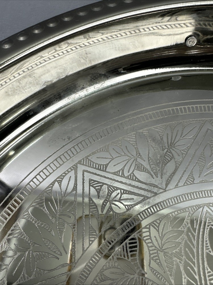 Vintage Large 16.5” Silverplate Silver Round Serving Tray w/Copper Handles India