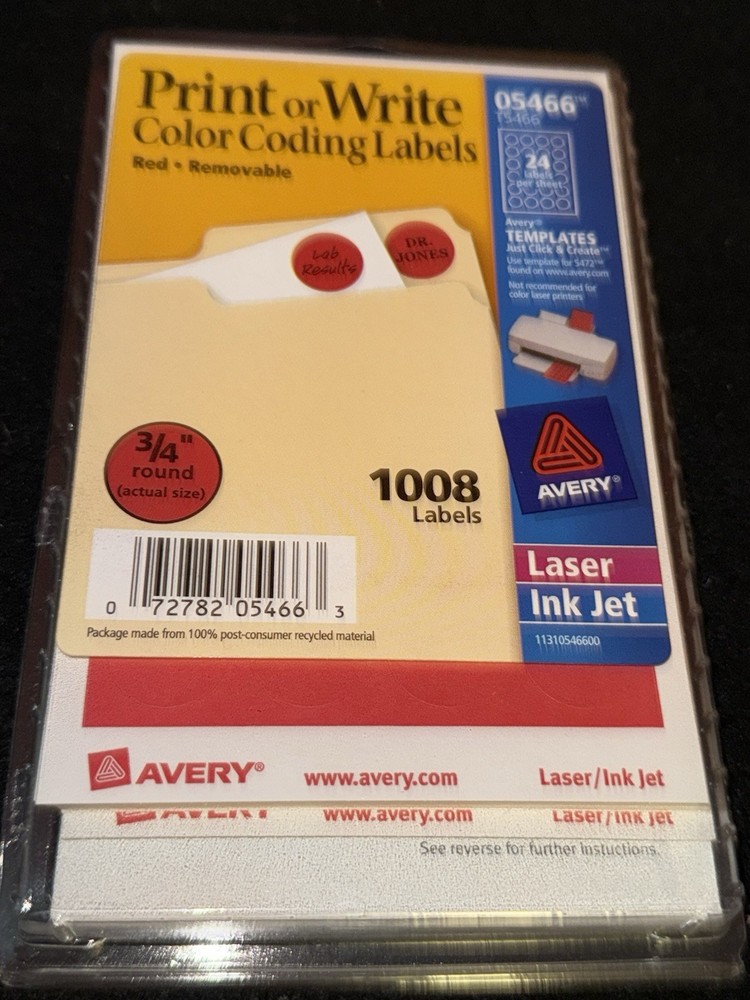 Avery Printable Removable Color-Coding Labels 3/4" dia Red 1008/Pack 05466