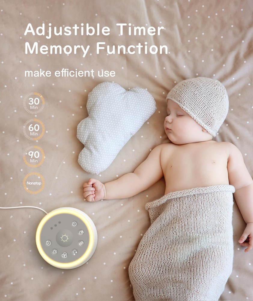 White Noise Machine with Night Light, 24 Sounds, Timer Memory Feature