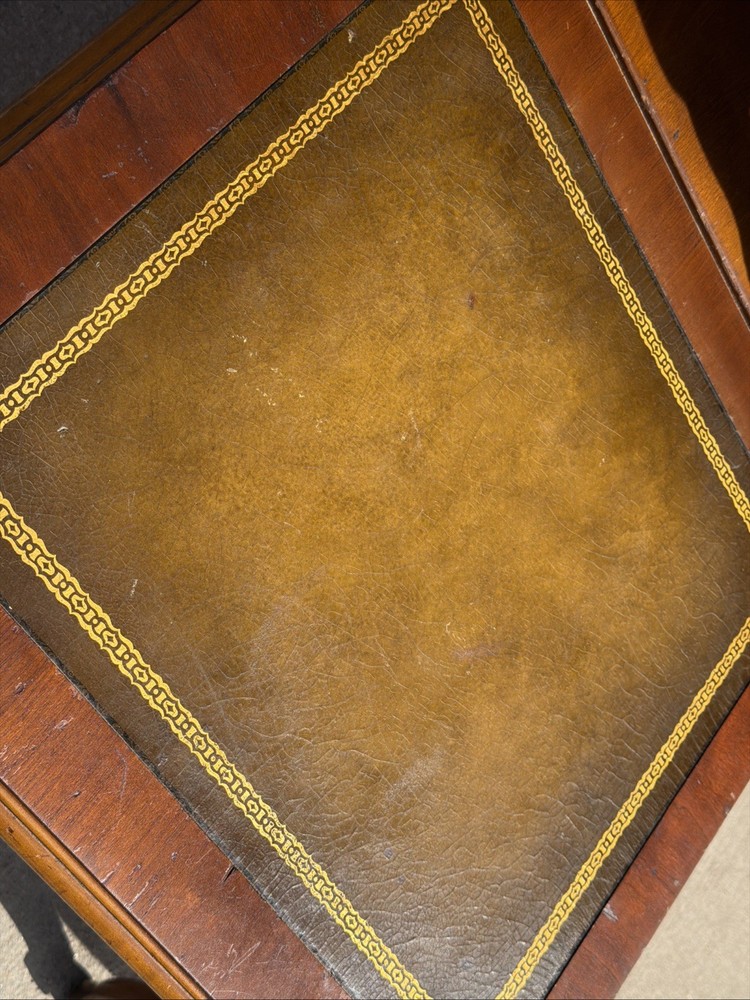 PAIR Step-Back Tooled Leather Top ANTIQUE Side End Tables