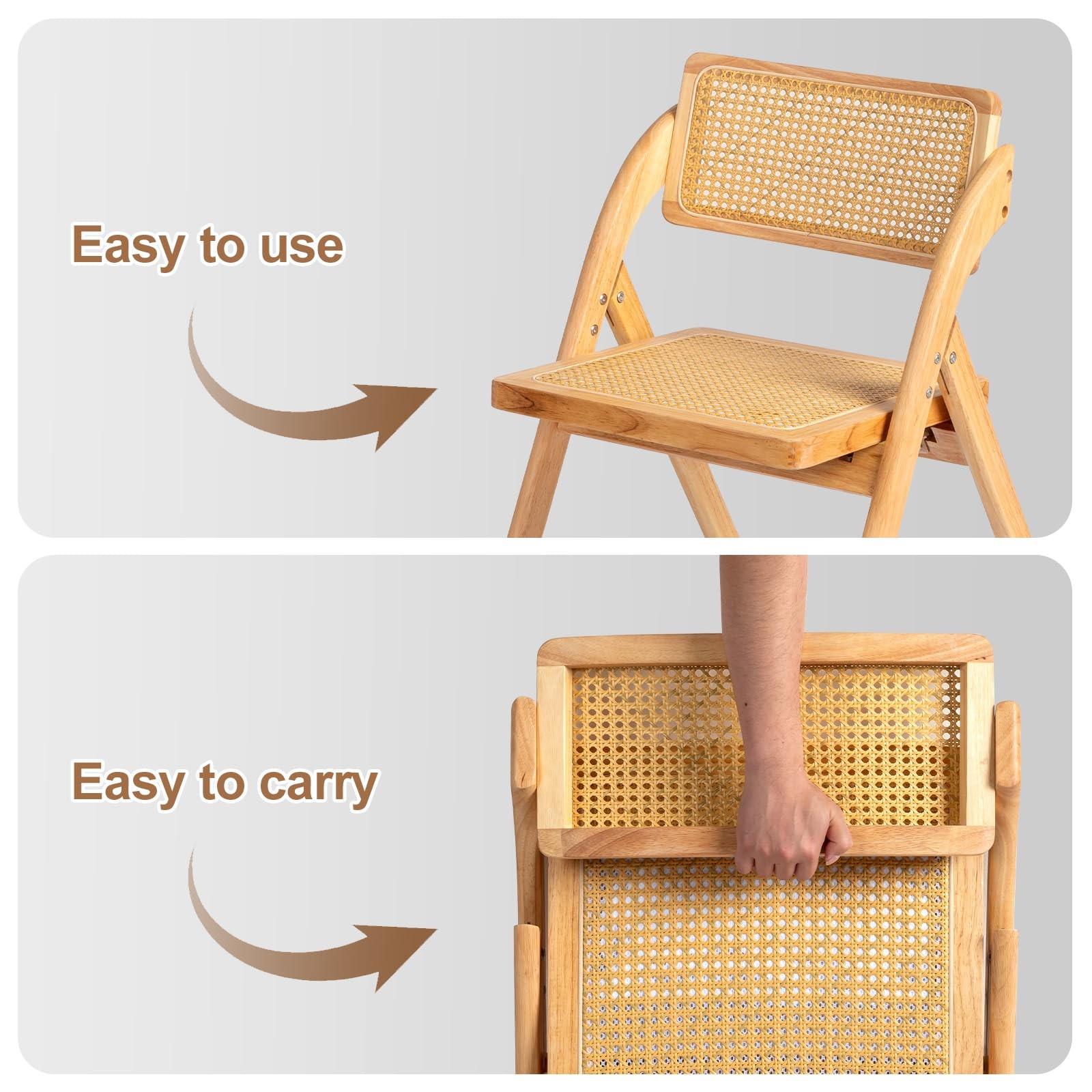 Wooden Rattan Folding Chairs 2 Pack, Portable Folding Chairs for Indoor